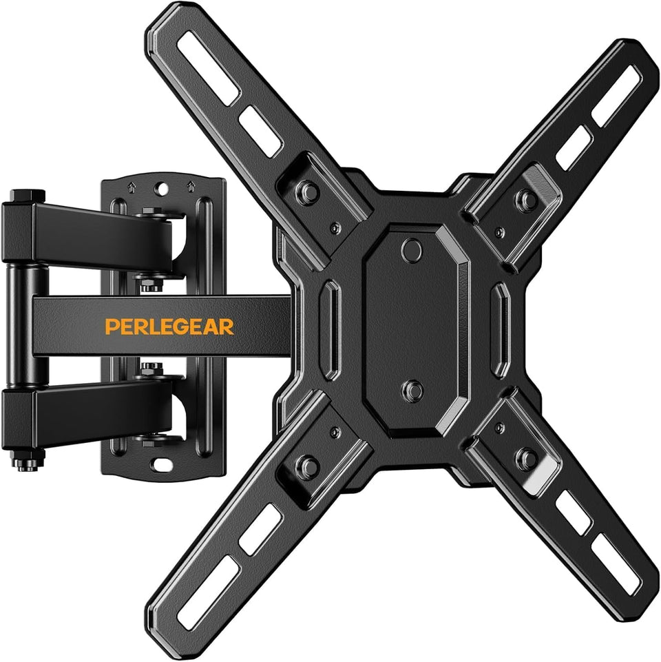 Perlegear full-motion TV wall mount tilting and swiveling for flexible viewing.