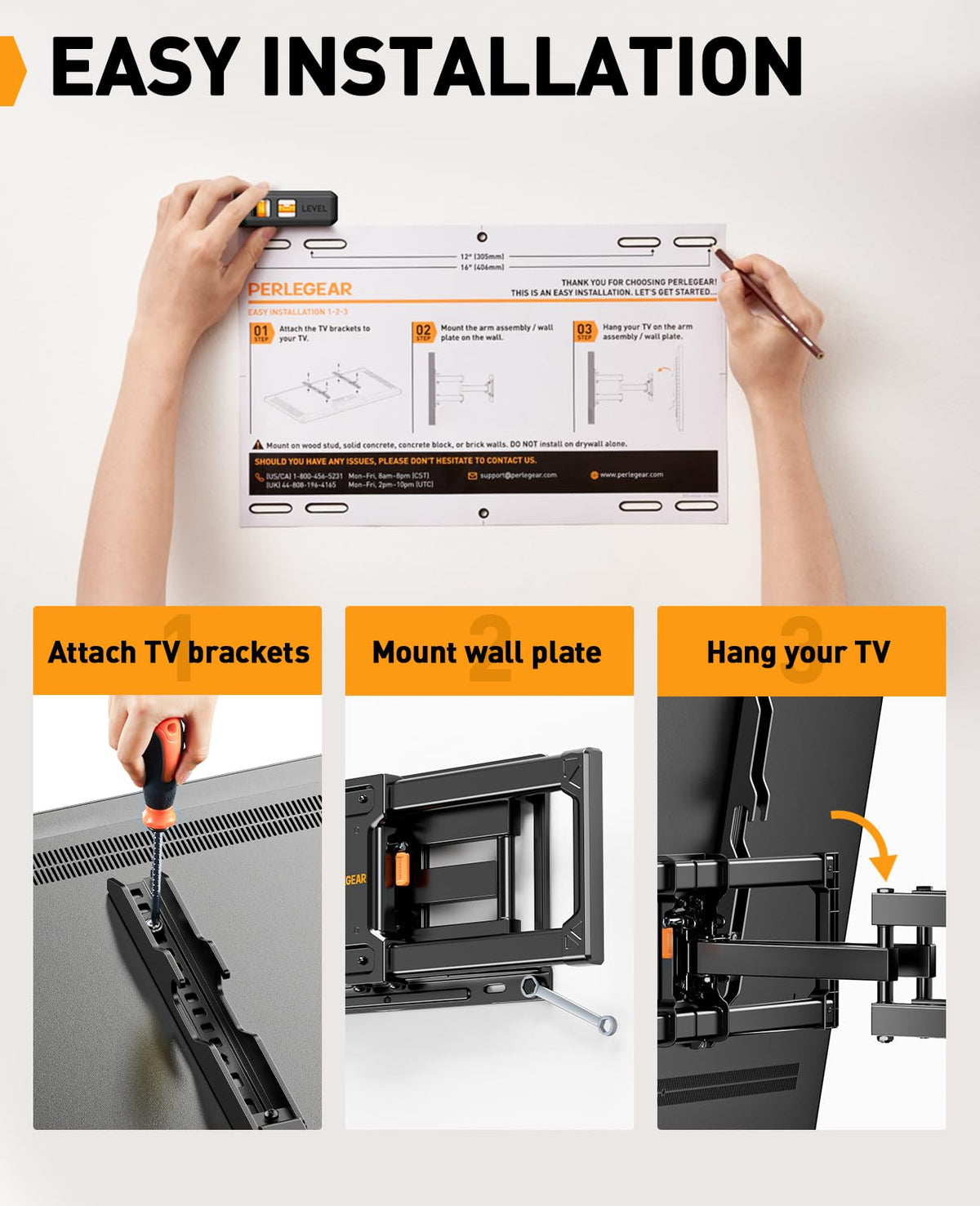 Perlegear mounted TV in living room showing flexible viewing and neat cables