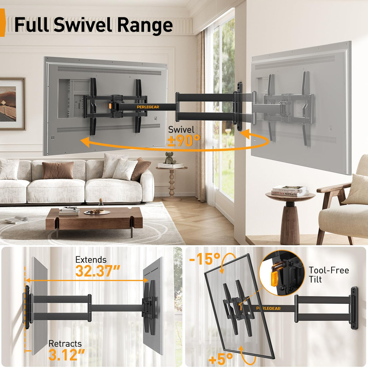 Perlegear max VESA 600x400 compatibility supports most 37–75 inch TVs