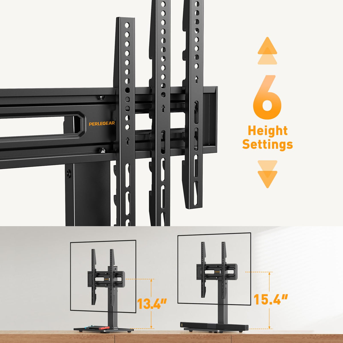 Perlegear built-in power outlet closeup powering TV and devices