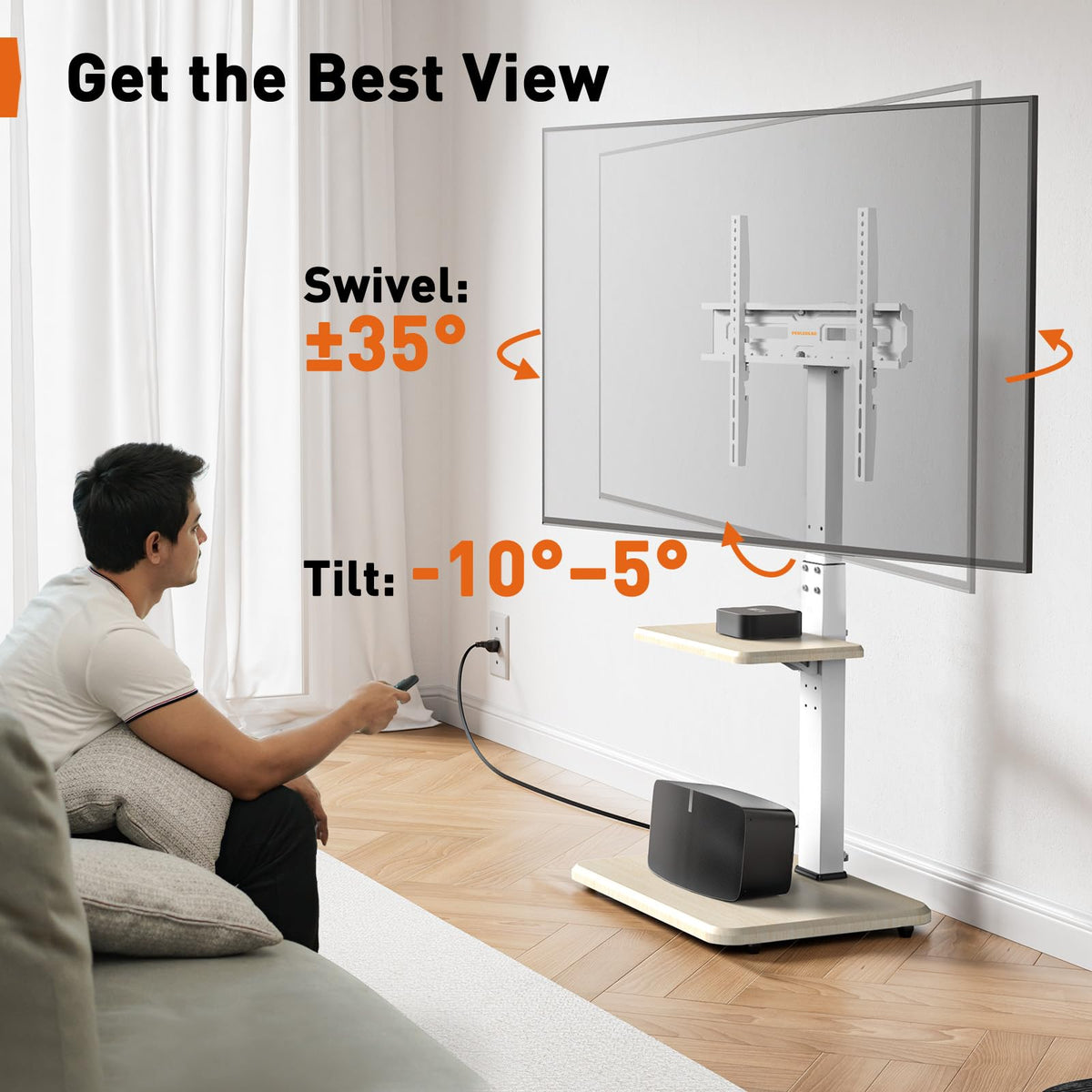 Perlegear swivel-tilt floor TV stand enables flexible viewing angles.
