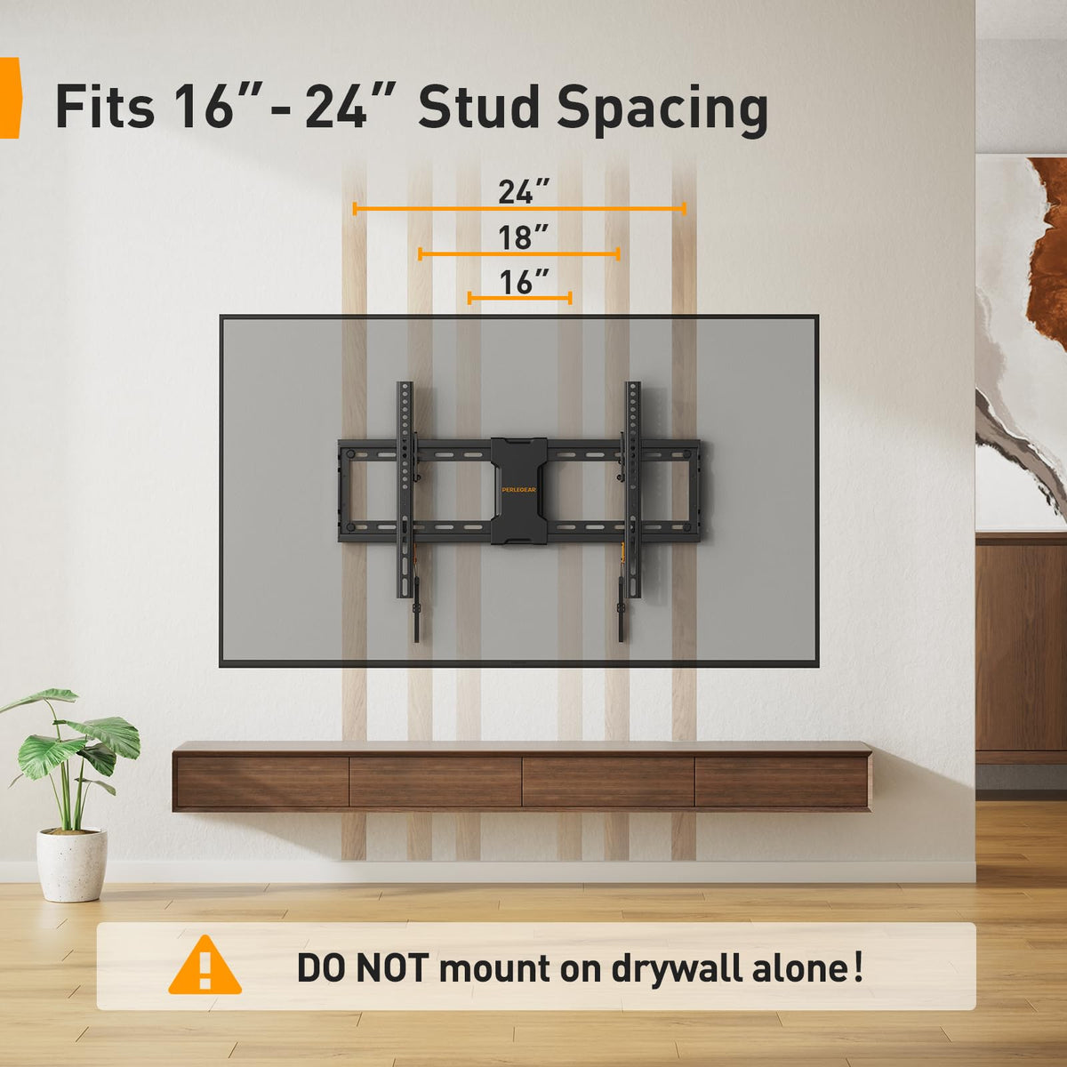 Perlegear tilting mount installed on wall demonstrates near-flat profile for space saving.