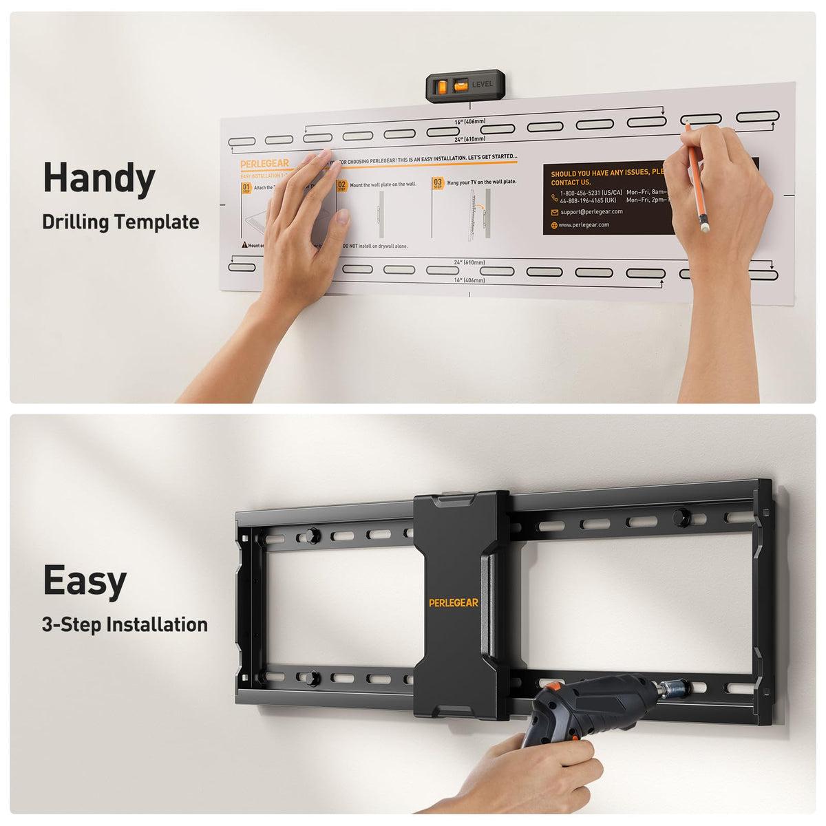Perlegear wall mount supports multiple stud layouts for secure installation.