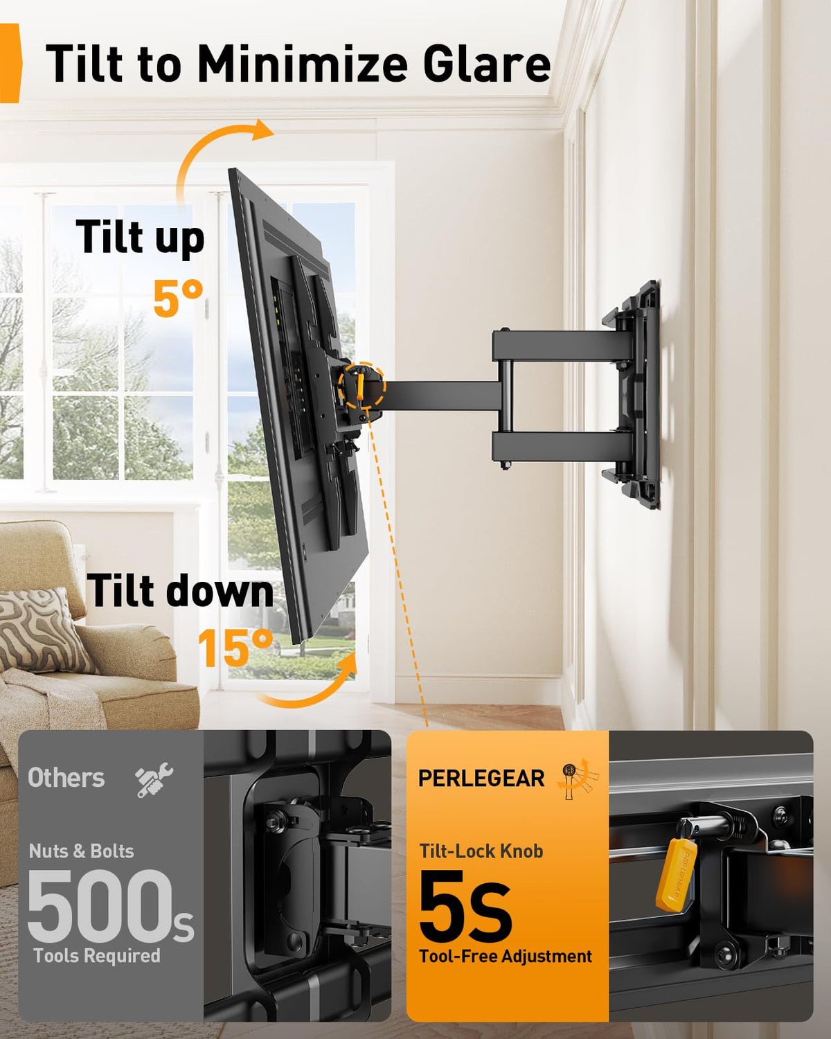 Perlegear mounted TV in living room showing flexible viewing and tidy look