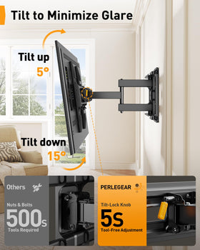 Perlegear mounted TV in living room showing flexible viewing and tidy look