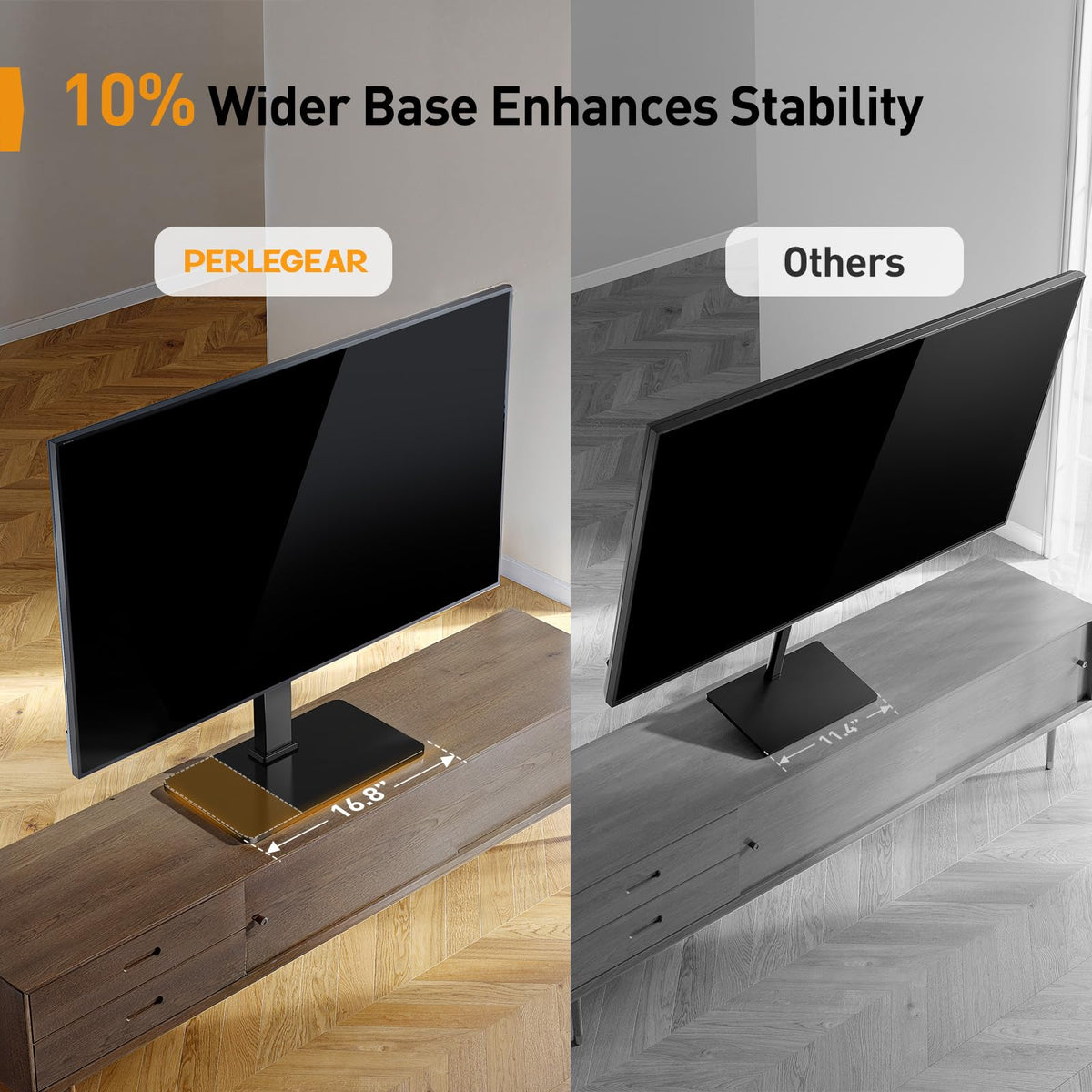 Perlegear stand holding TV in living room showing tidy setup benefit