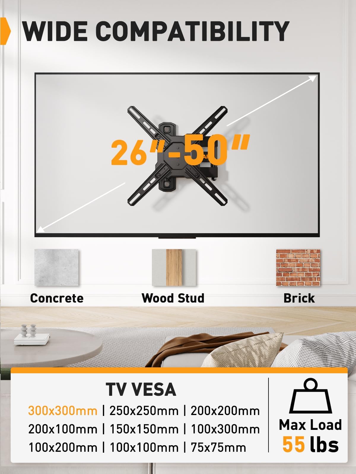 Perlegear TV wall mount tilt range reduces glare during viewing.
