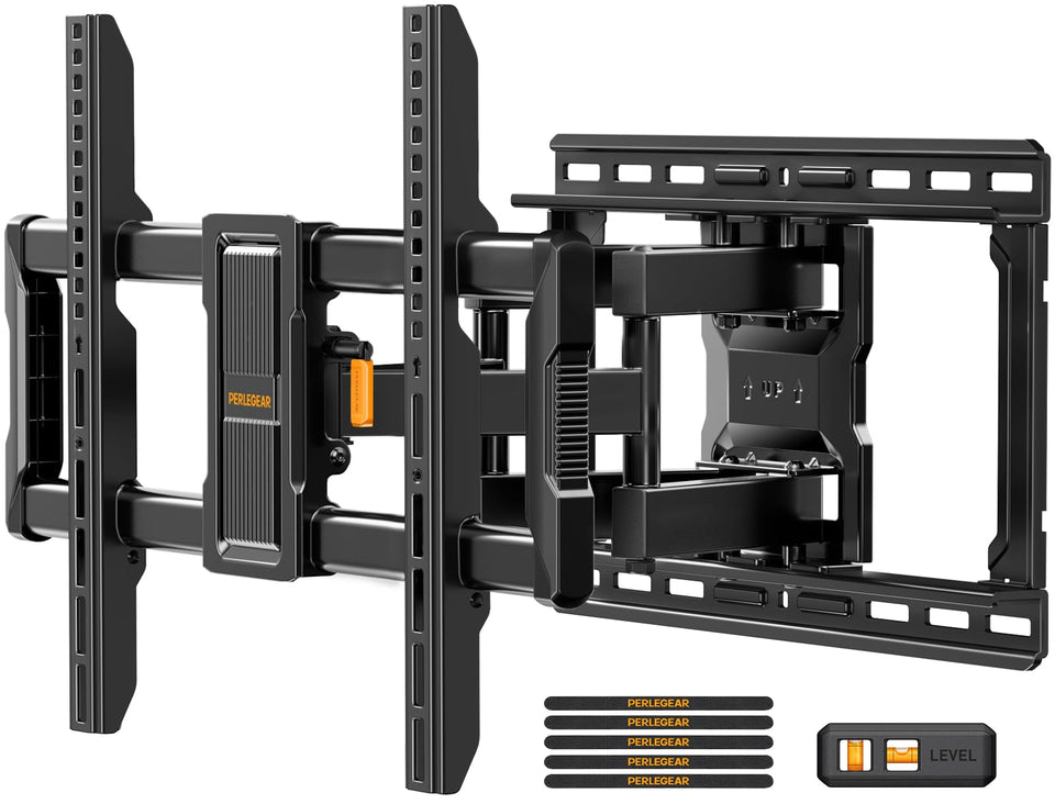 Perlegear full-motion wall mount close-up showing robust arms for large TVs up to 132 lbs