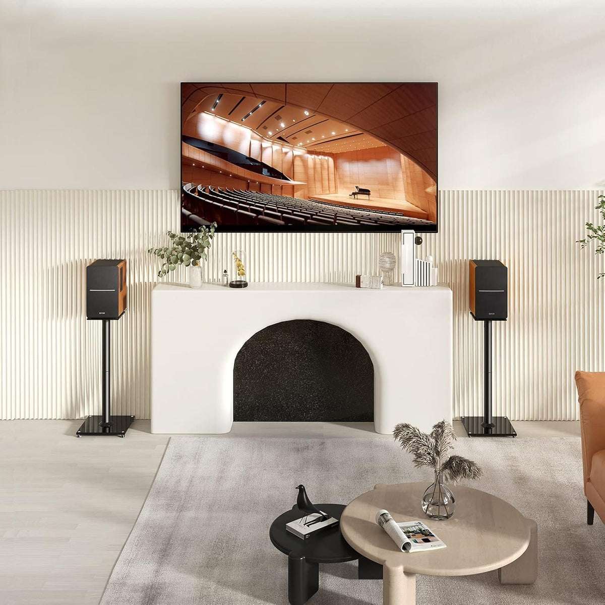 Perlegear stands accommodate many speaker brands for flexible room arrangements