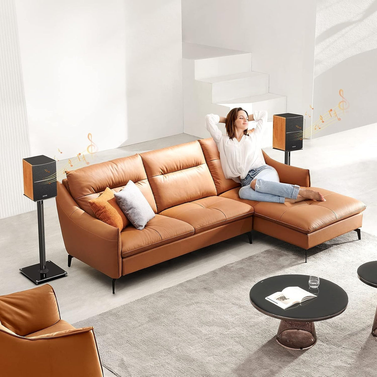 Perlegear stand side view highlights 27.5-inch height for optimal sofa listening