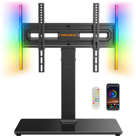 Perlegear universal swivel TV stand with LED lights and glass base for stylish viewing.