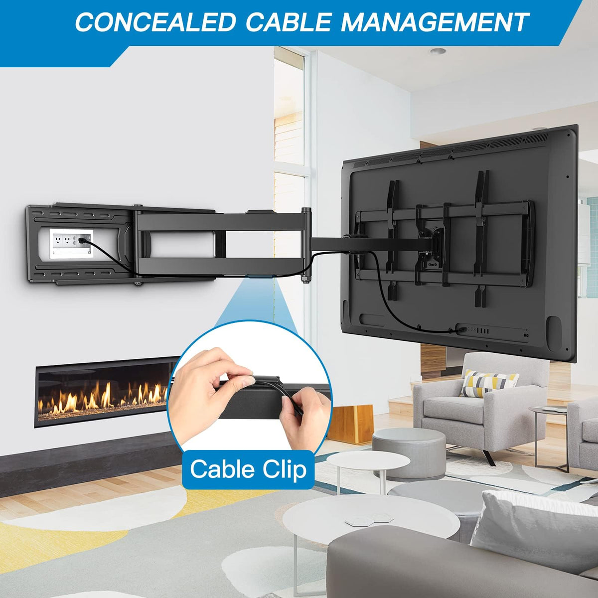 PERLESMITH cable management clips tidy cables along the arm.