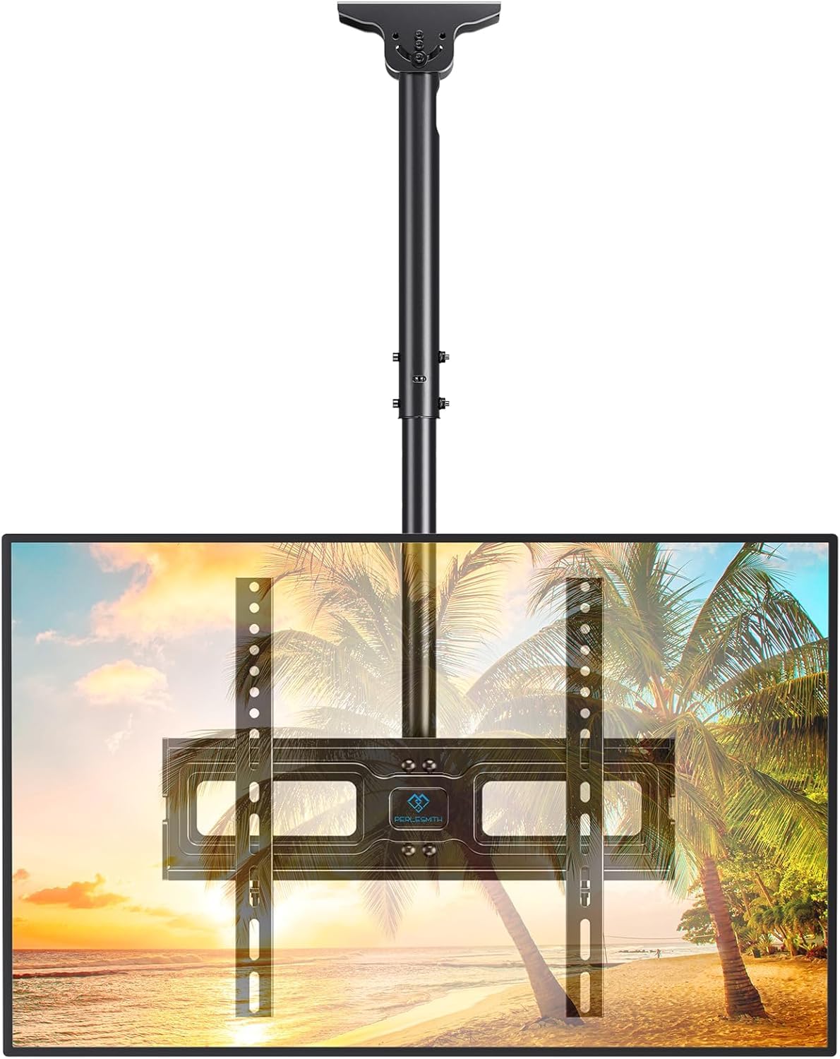 PERLESMITH front view of ceiling TV mount showing sturdy plate and pole for secure fit