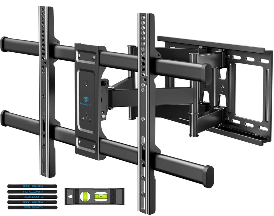 PERLESMITH front view of mounted TV showing stable steel support and neat appearance