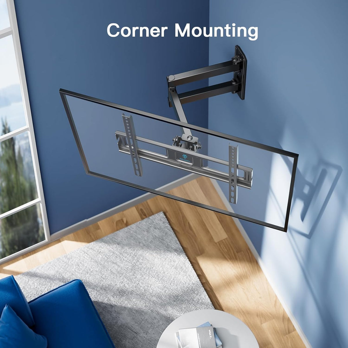 PERLESMITH mounted TV in corner living room illustrating space-saving benefit