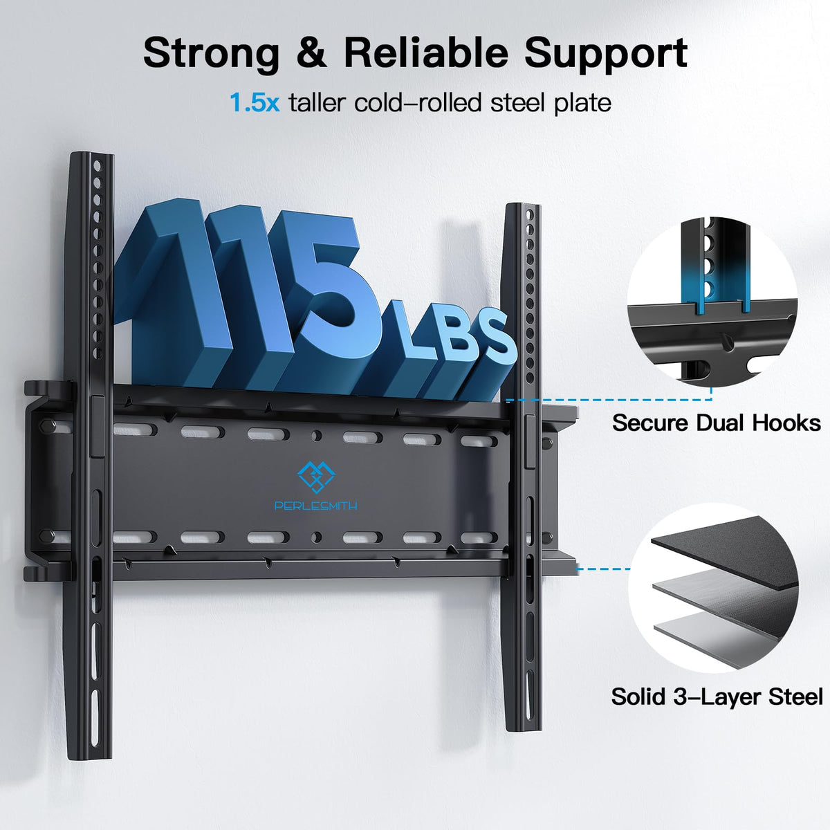 PERLESMITH space-saving low-profile mount keeps TV close to wall.