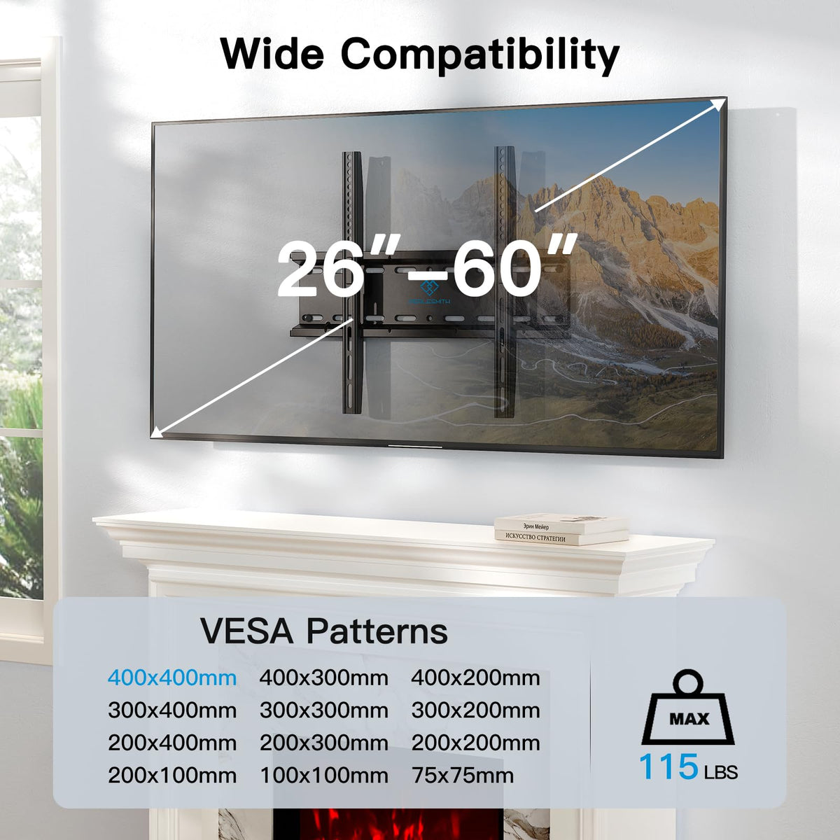 PERLESMITH fixed mount supports VESA up to 400x400 mm for most 26–60 inch TVs.