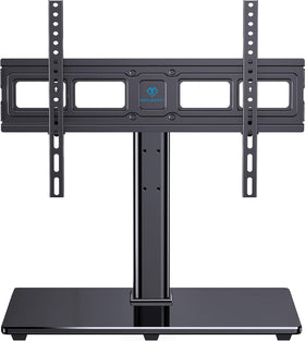 PERLESMITH universal TV stand with tempered glass base for 32–82 inch TVs, stable and stylish.