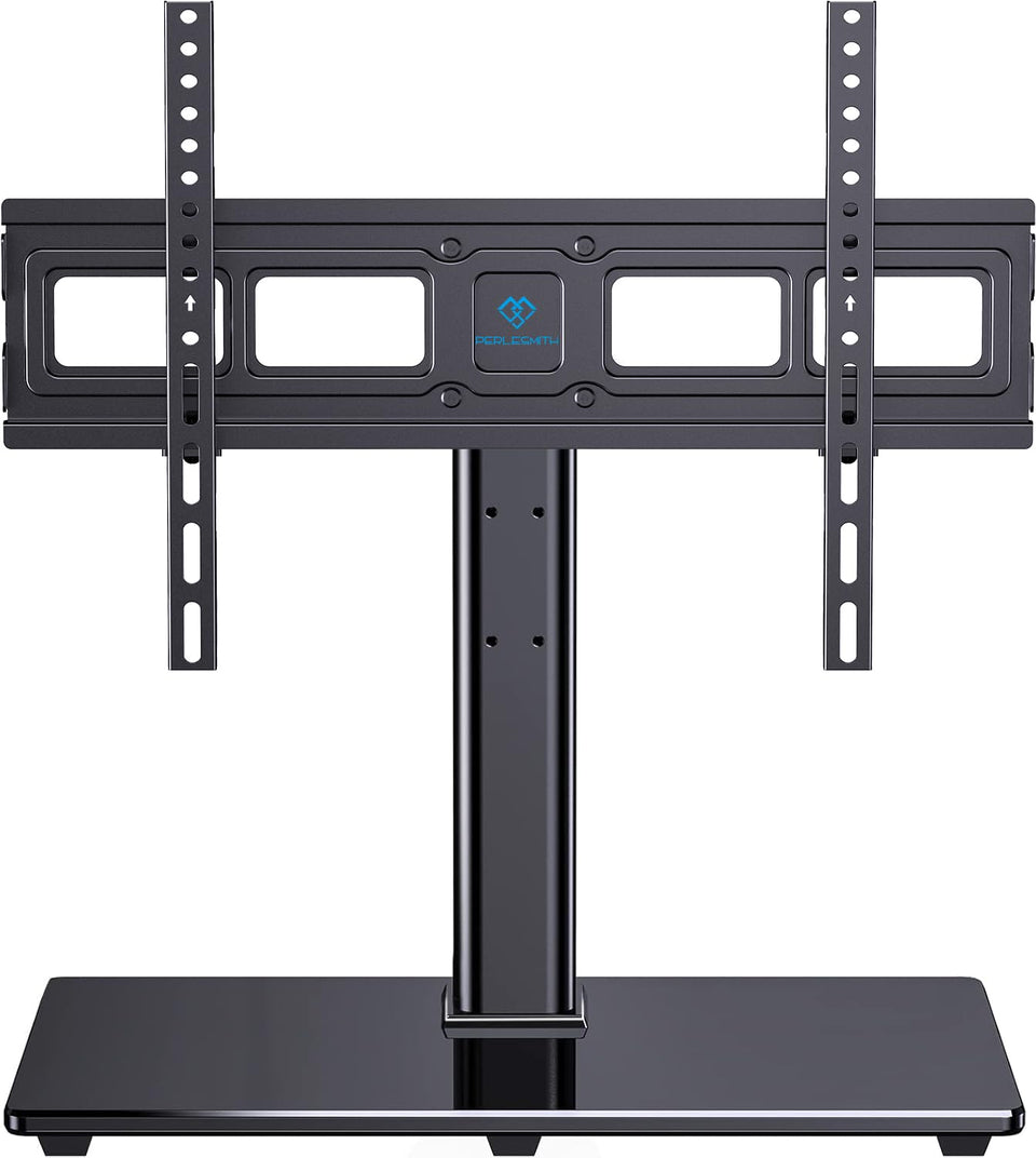 PERLESMITH universal TV stand with tempered glass base for 32–82 inch TVs, stable and stylish.