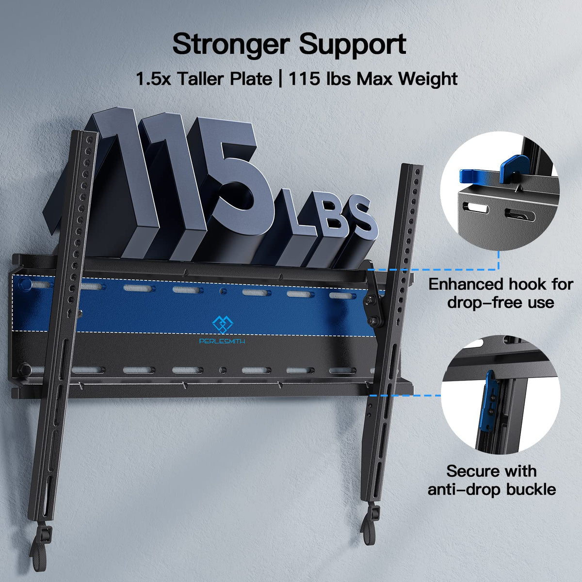 PERLESMITH VESA 400x400 compatibility supports common TVs up to 115 pounds.
