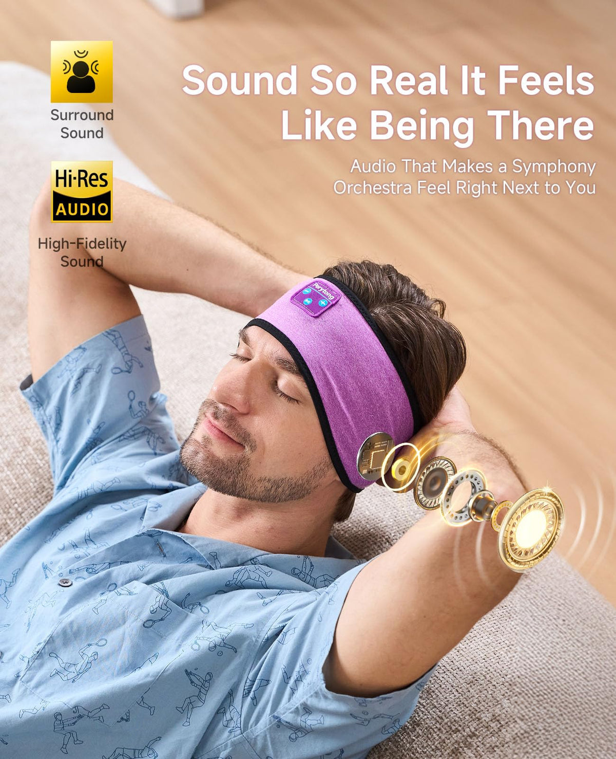 Perytong control module on forehead for easy access and pressure-free ear placement