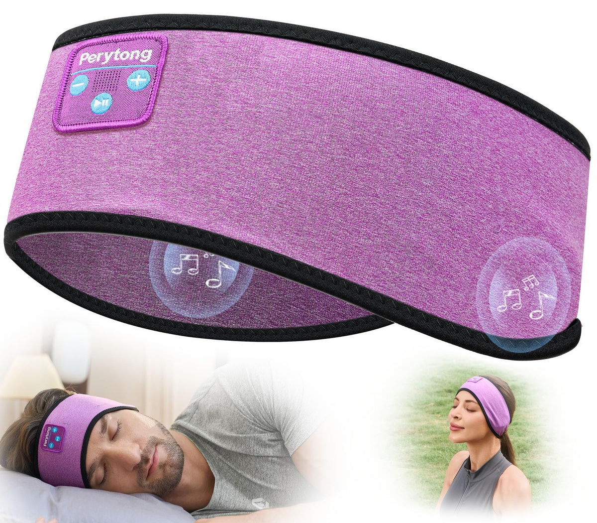 Perytong headband front view showing soft fit and integrated speakers for better sleep