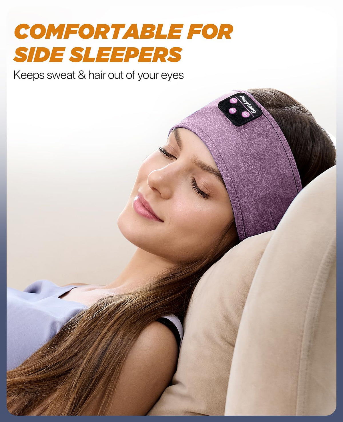 Perytong headband worn by side sleeper demonstrating pressure-free comfort