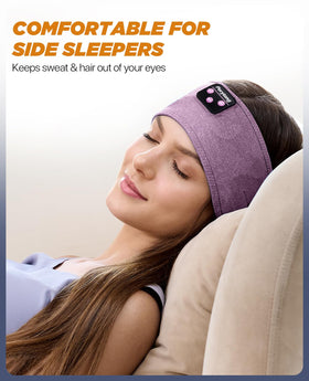 Perytong headband worn by side sleeper demonstrating pressure-free comfort