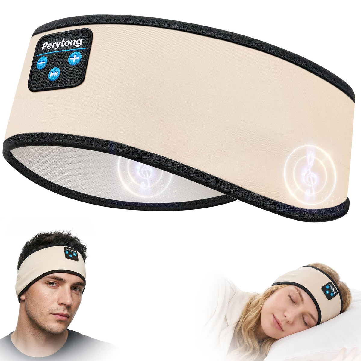 Perytong Sleep Headband with Bluetooth speaker for wireless listening.
