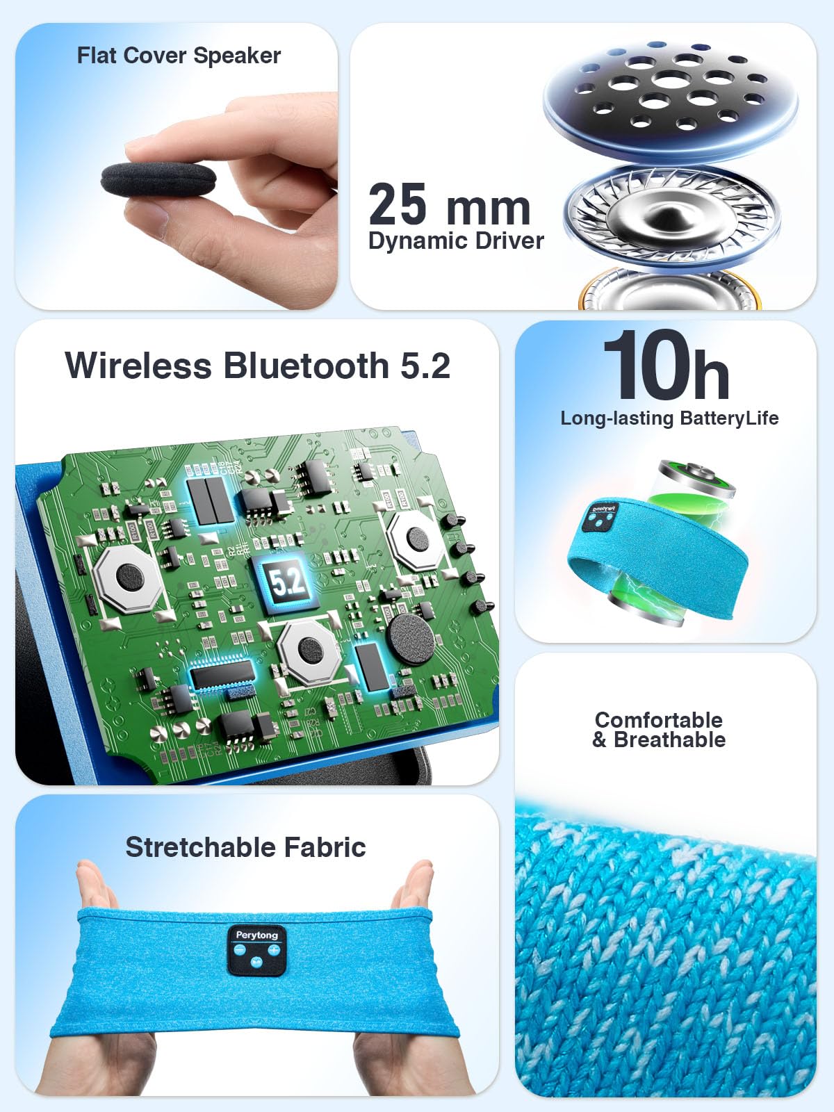 Perytong headband worn during quiet night routines with stable Bluetooth 5.4.