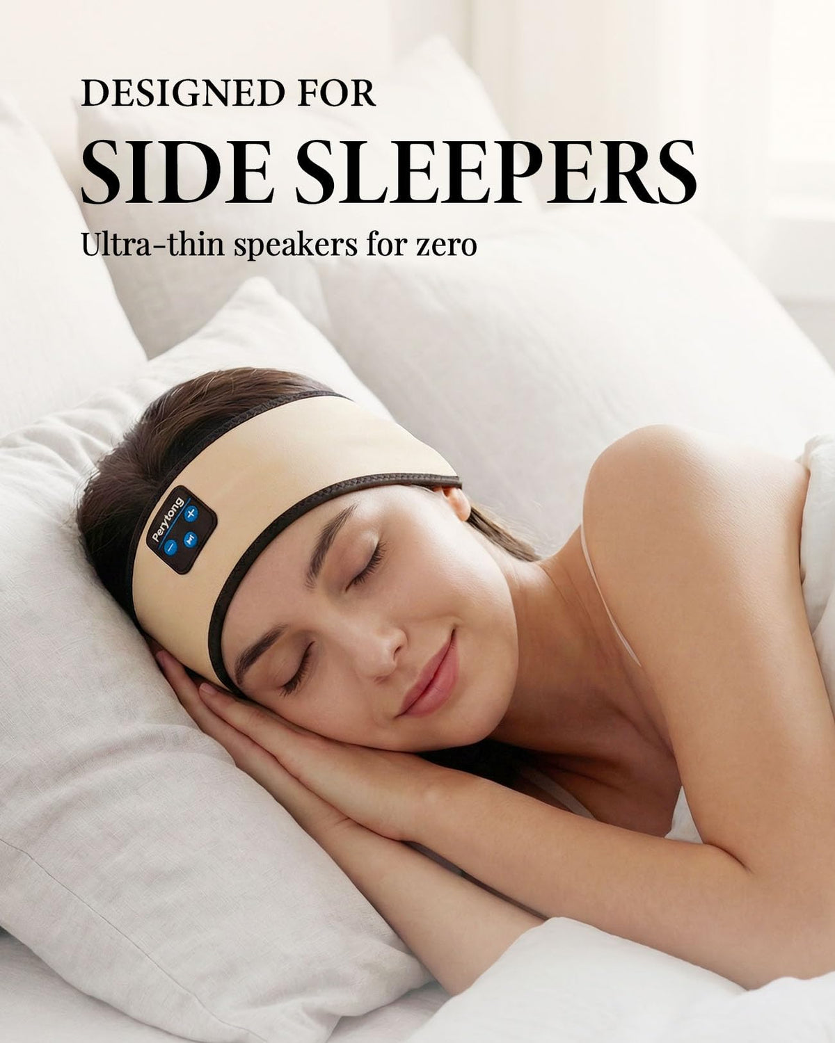 Perytong sleep headband designed for side sleepers with low-profile speakers.