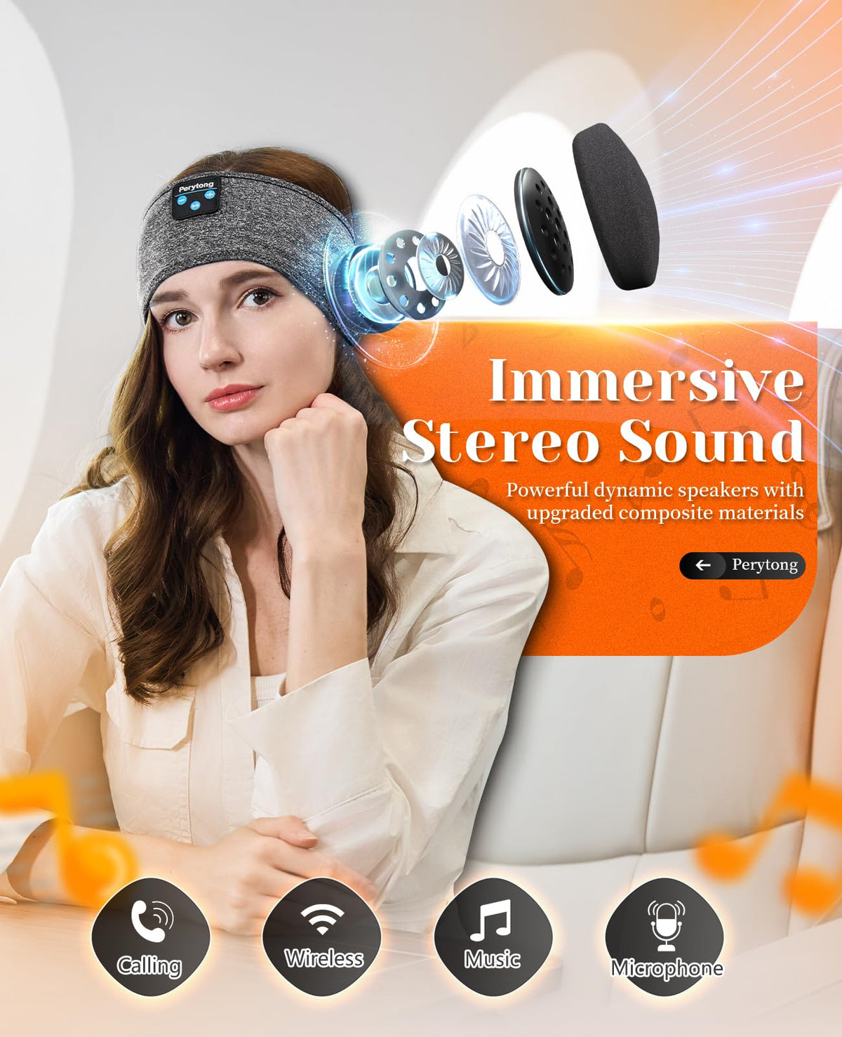 Perytong headband worn by side sleepers for gentle, secure fit