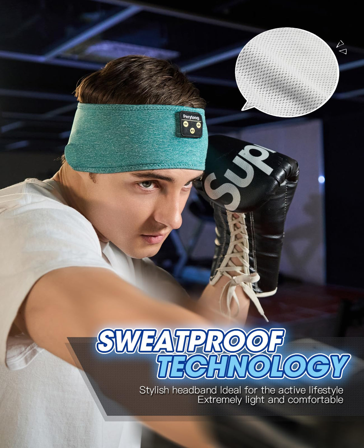 Perytong sleep headphones band side view showing flexible fit