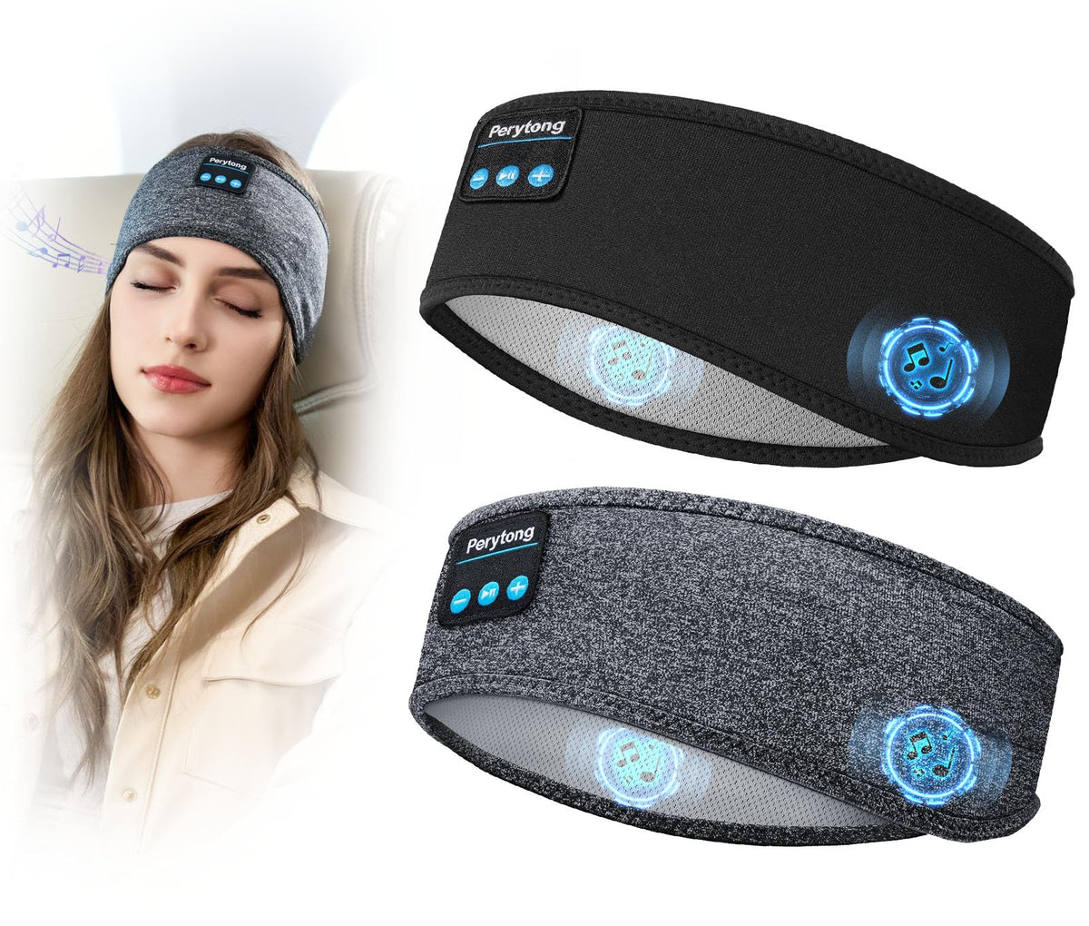 Perytong sleep headphones bundle in a soft headband for wireless listening on the go.