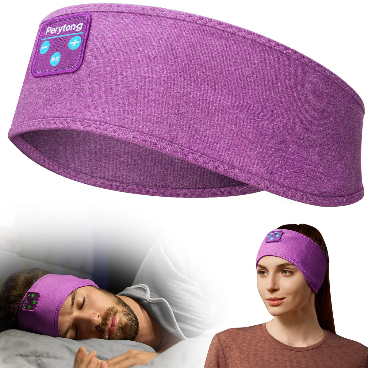 Perytong Sleep Headphones headband in breathable fabric for all-night comfort and sweat absorption.
