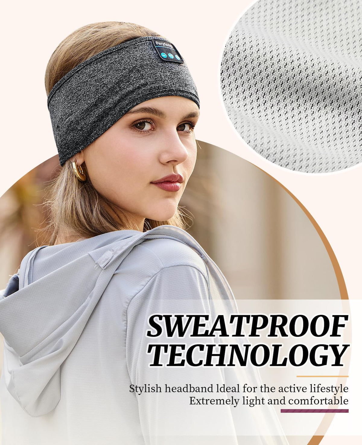 Perytong sleep headphones headband fabric shows comfortable, breathable material for all-day wear.