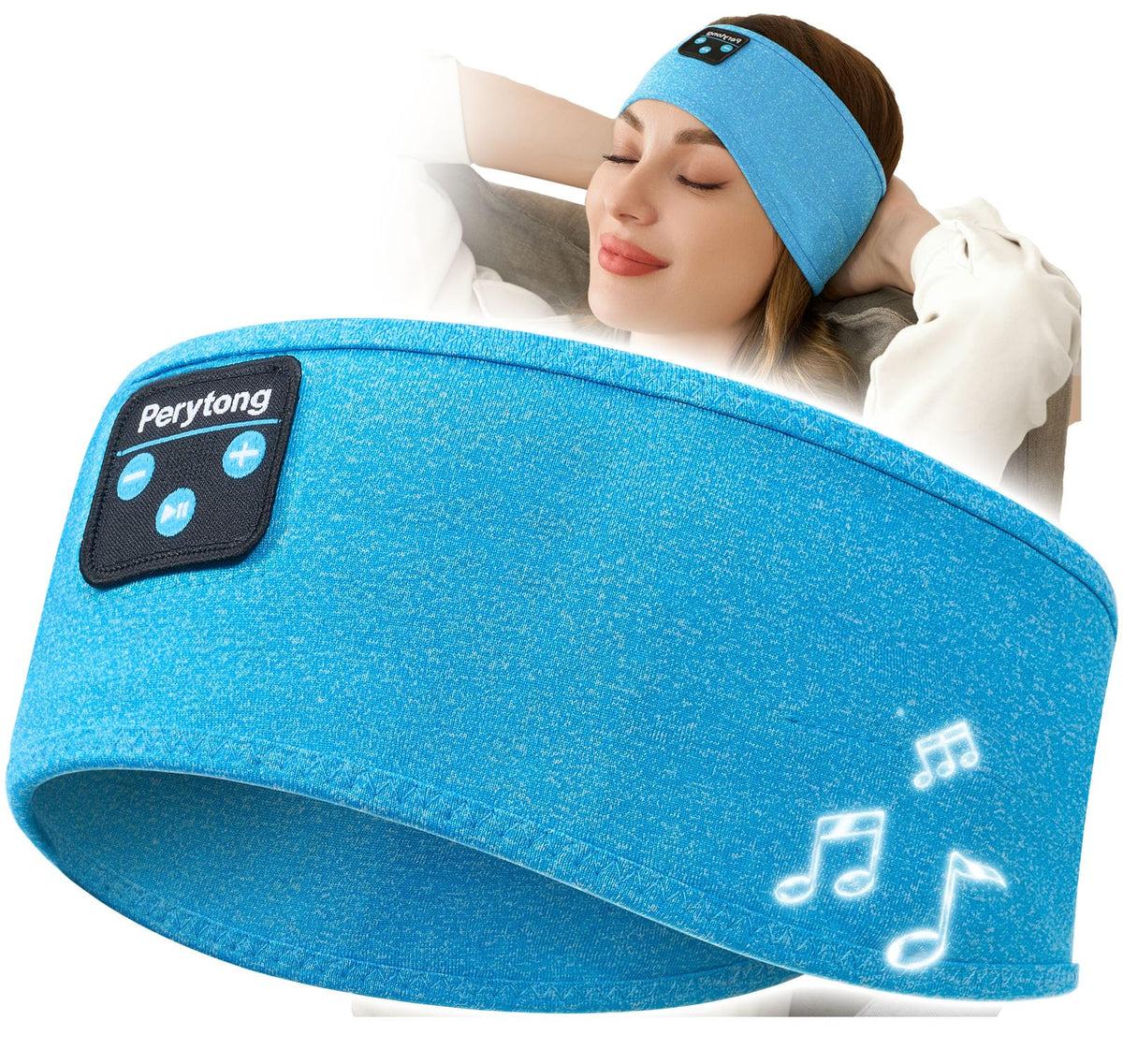 Perytong Sleep Headphones front view in azure headband for discreet listening