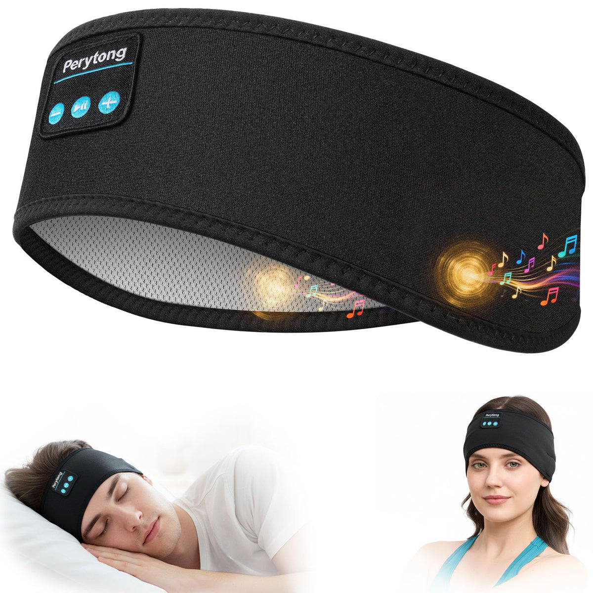 Perytong Sleep Headphones headband setup shows comfortable wear for sleep and workouts.