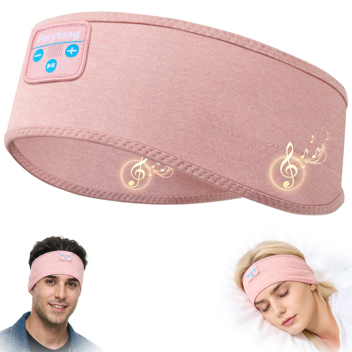 Perytong Sleep Headphones headband on a side sleeper for comfy listening.