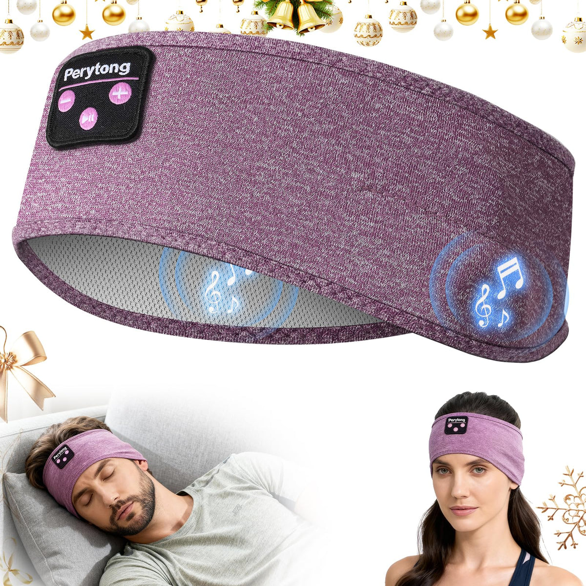 Perytong Sleep Headphones headband worn by side sleepers for cozy light-blocking comfort.