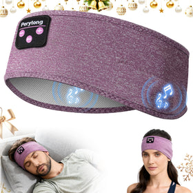 Perytong Sleep Headphones headband worn by side sleepers for cozy light-blocking comfort.
