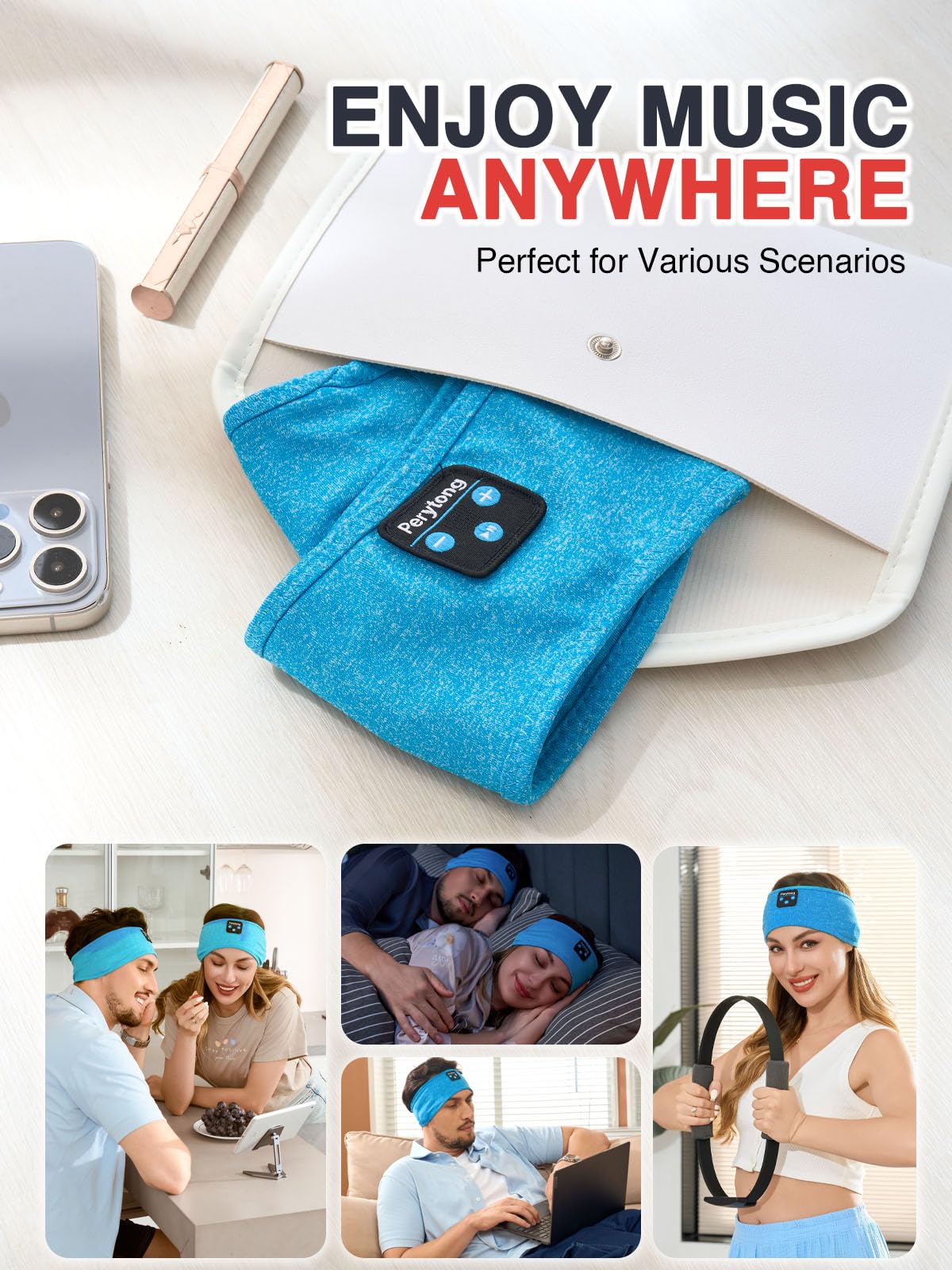 Perytong Sleep Headphones travel-ready in azure color for planes