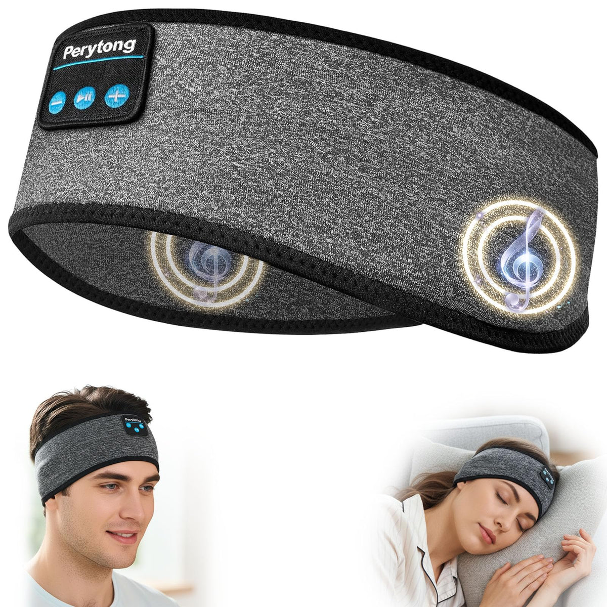 Perytong sleep headband worn for comfortable all-night listening.