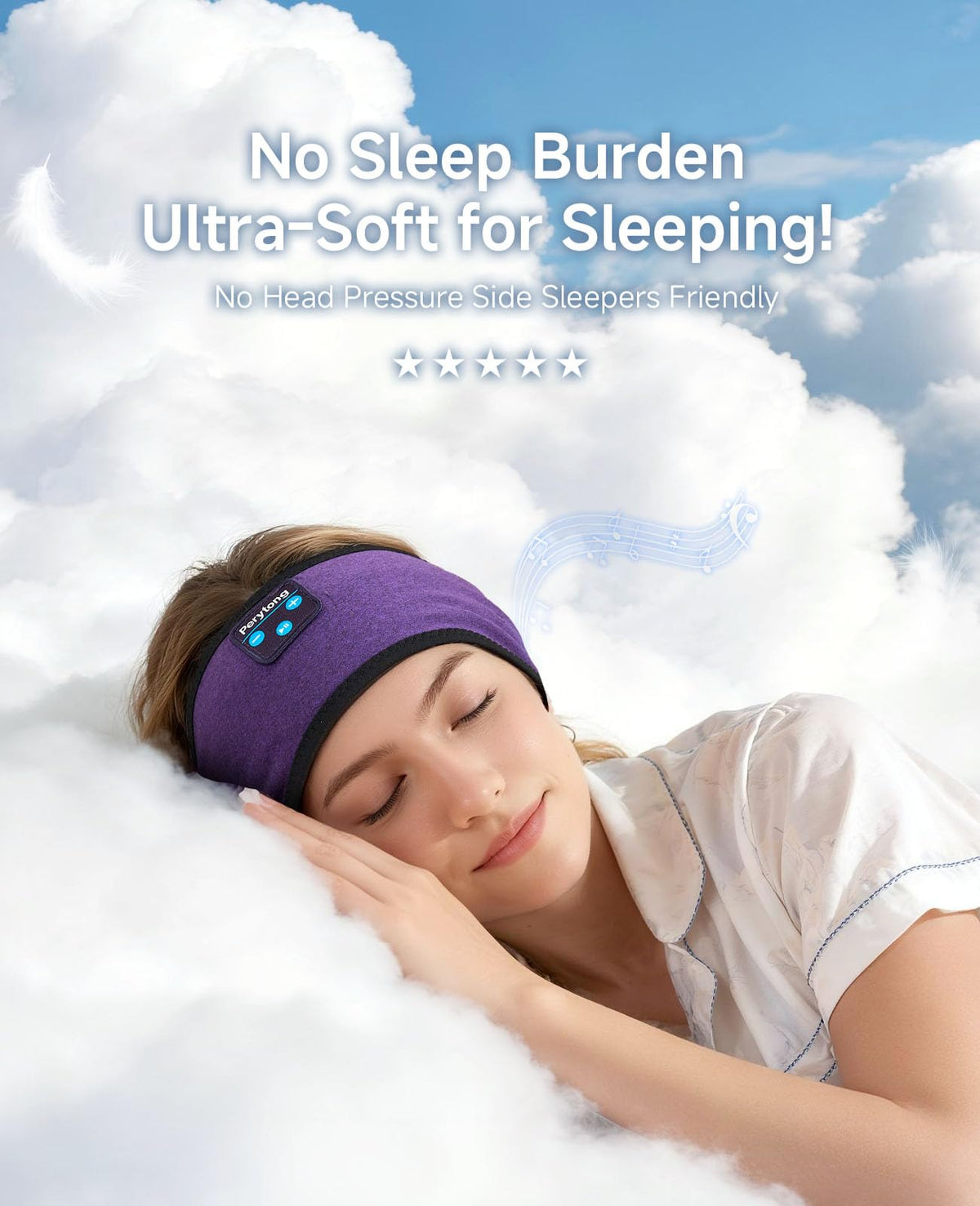 Perytong sleep headphones headband in-use during relaxed sleeping to reduce disturbances.