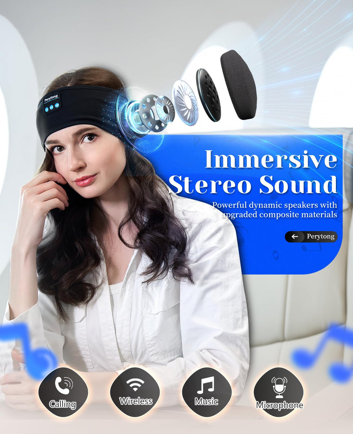 Perytong Sleep Headphones side-sleep comfort highlights soft fabric for side sleeping.