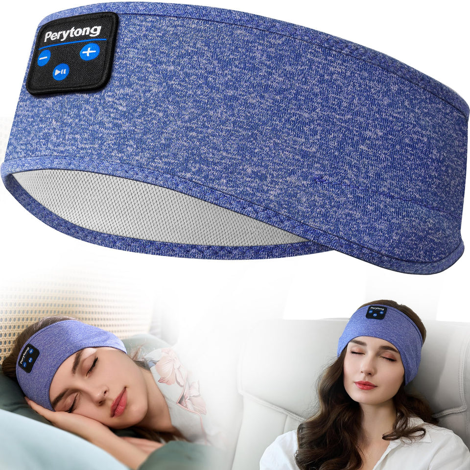Perytong Sleep Headphones SkyBlue worn for bedtime listening and comfort.