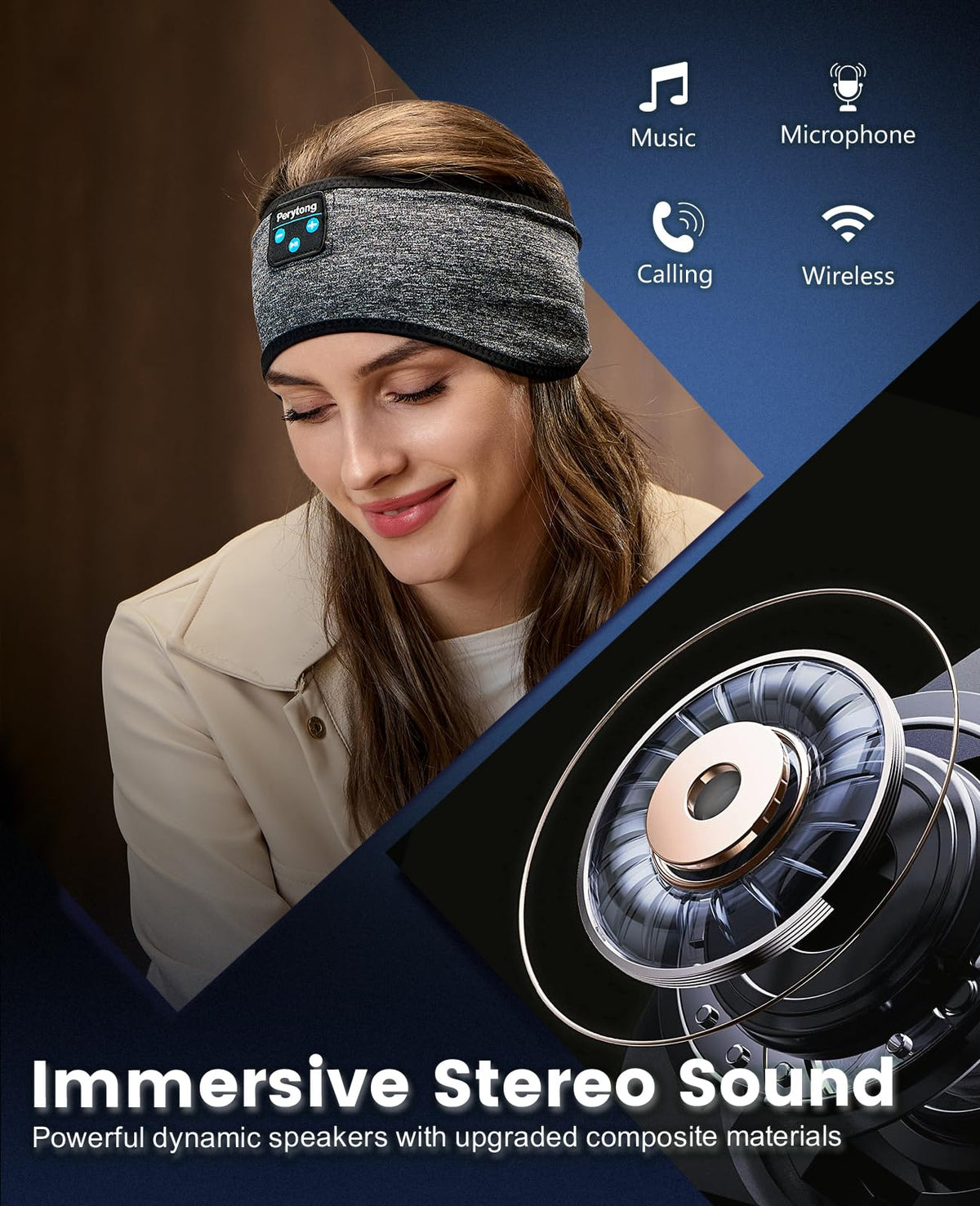 Machine-washable Perytong headband with detachable speakers
