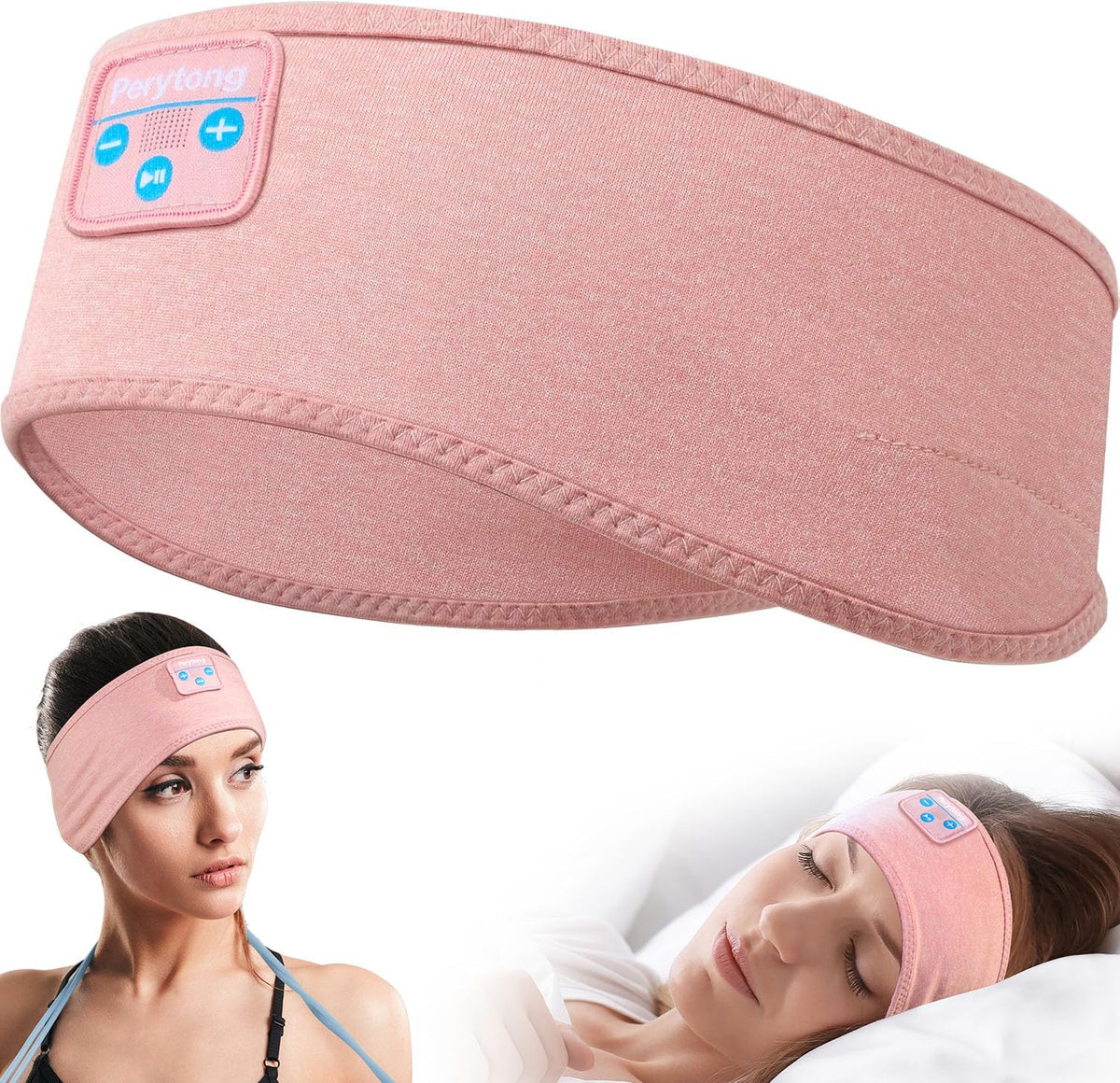 Perytong Sleep Headphones closeup of the wireless headband and slim ear speakers for side sleepers