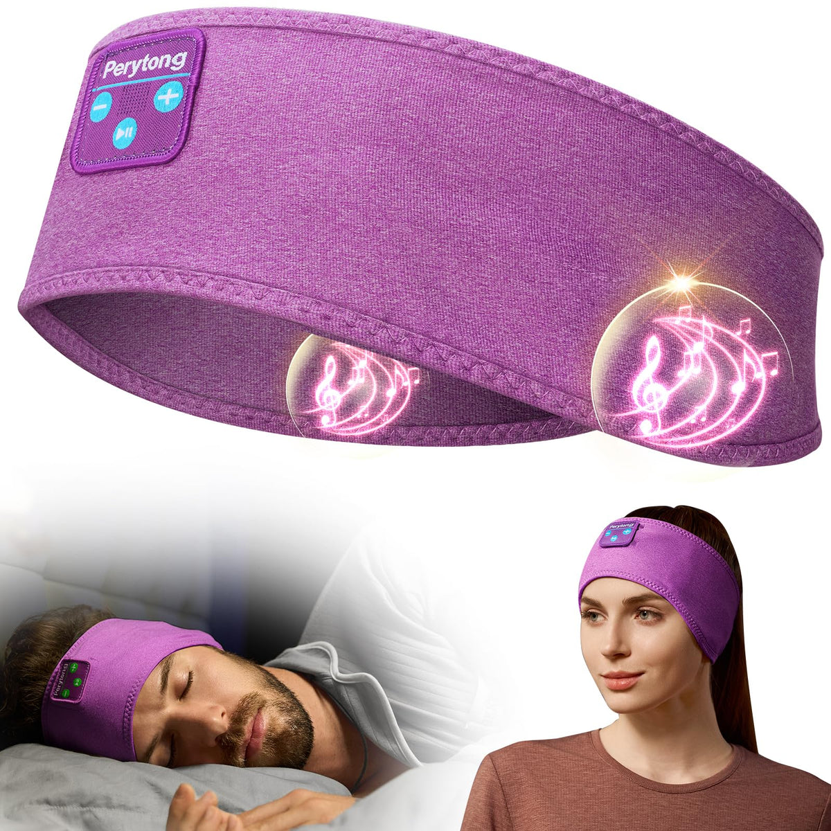 Perytong violet sleep headphones in a wireless headband for comfortable night listening