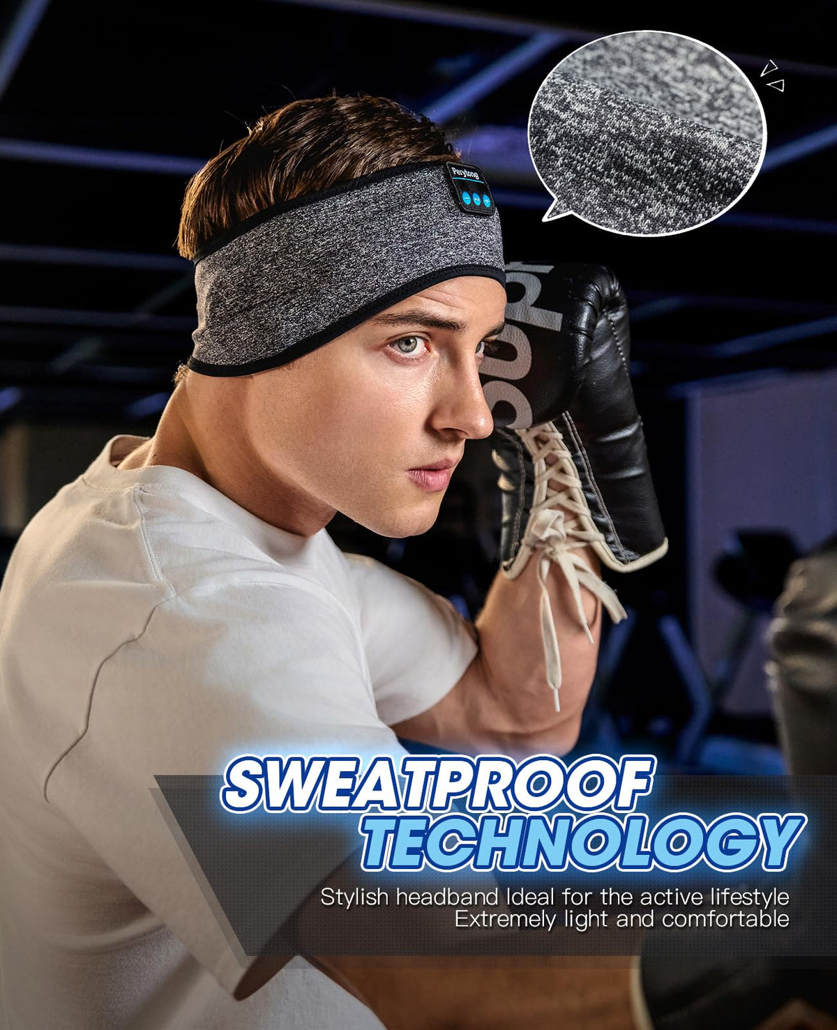 Perytong sports headband during workout ensures secure fit and clear audio.